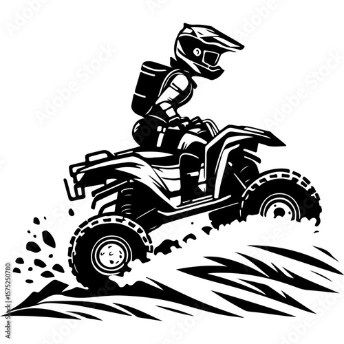 Sketchy sport emblem of Extreme driver climbs a mountain on a quad bike. Engraving minimalistic vector in black ink drawing on transparent background