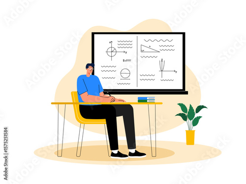 Doing individual assignments from mathematics subject teacher. School illustration. Flat vector illustration.