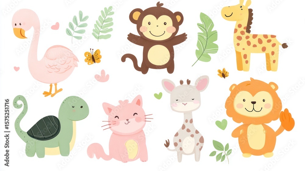 Obraz premium Cute, watercolor-style jungle animals, like a flamingo, monkey, and giraffe, plus foliage
