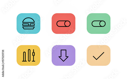 Colorful app icons for settings, menu, download, and confirmation isolated on white background