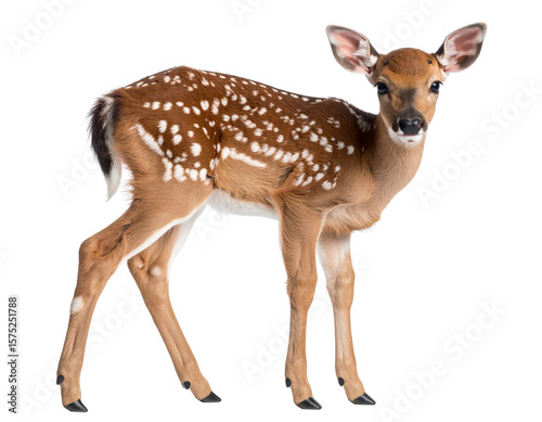 Firefly_High-resolution photo of a baby deer with white spots on its back, isolated on transp 