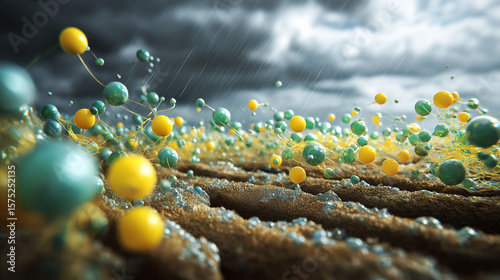CCUS carbon solution. Capture climate. Storage energy. Emission sustainability. Abstract representation of molecules in an atmospheric setting.