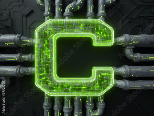 CCUS carbon solution. Capture climate. Storage energy. Emission sustainability. Futuristic circuit design featuring a glowing letter C.