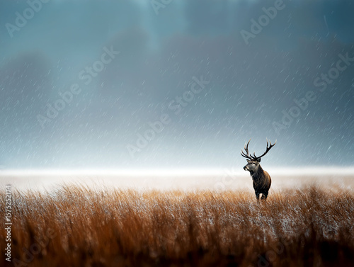 Climate whiplash temperature impact. Extreme environment. Weather disaster. Deer in heat haze with snow flurries surrounding