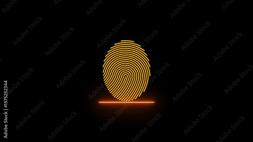 Neon finger print animation on black background. glowing fingerprint scanning icon motion. biometric scanner for identification video footage. Abstract fingerprint design.