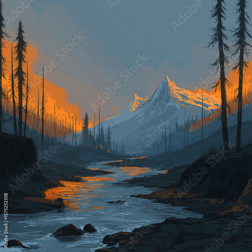 Climate whiplash temperature impact. Extreme environment. Weather disaster. Burning forest with icy mountains and flowing river