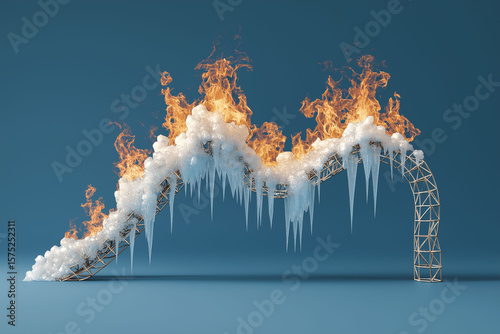 Climate whiplash temperature impact. Extreme environment. Weather disaster. Rollercoaster climate graph with flames illustration