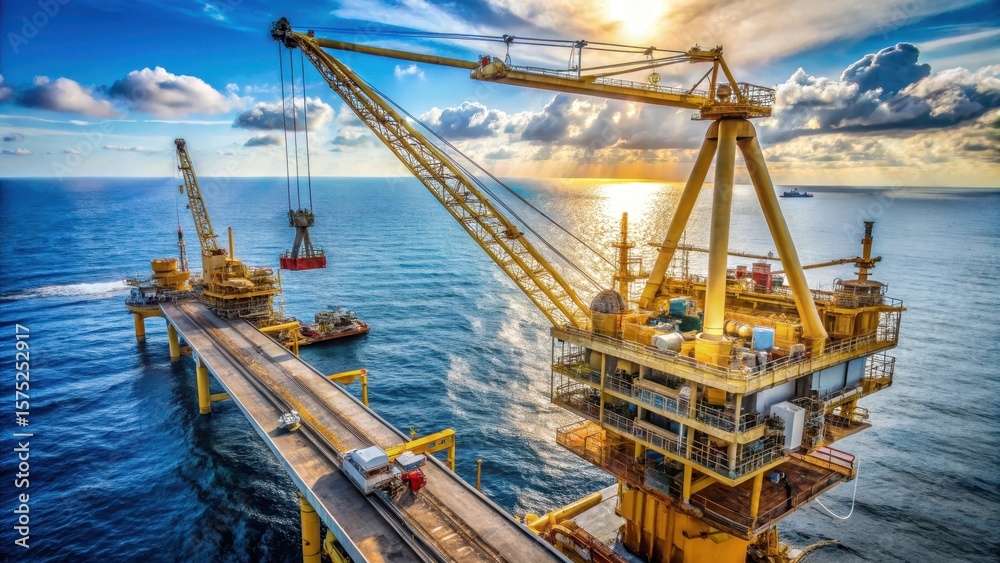 Fototapeta premium Elevated view of a boom crane operating at an offshore oil rig , heavy machinery, steel structure