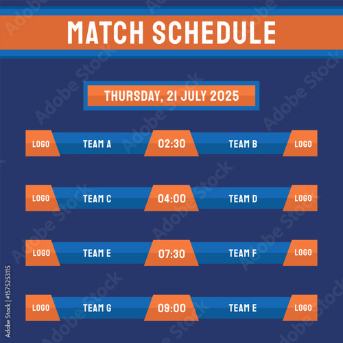 modern and futuristic match schedule template with elegant orange and blue elements on a blue background. for e-sport tournament, gaming, and sport competition