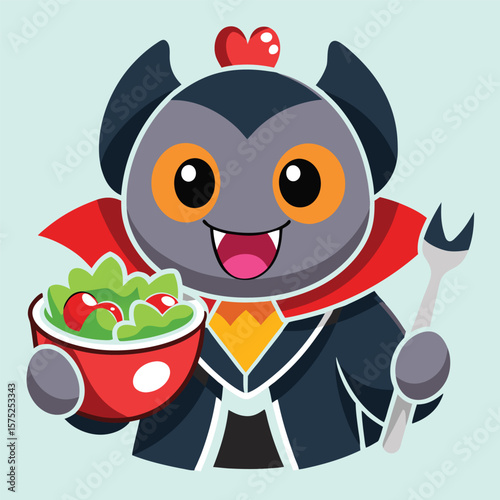 Funny Halloween Bat Dressed as Vampire Eating Healthy Food