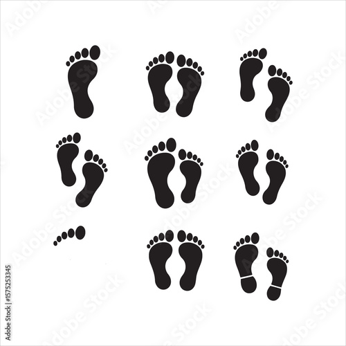 Collection of black footprints showing different poses and sizes