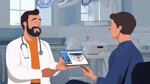 Doctor showing medical scan on tablet to patient in clinic.