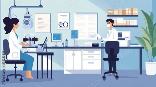 Ophthalmologists examining patient's eyes in a modern clinic.