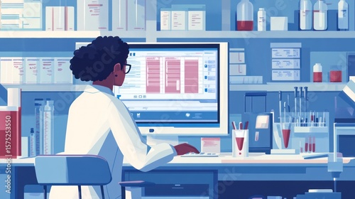 Scientist reviewing data on computer in laboratory.