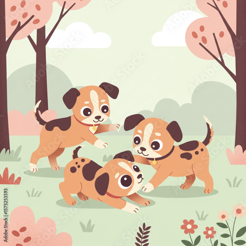 Three playful puppies frolic amidst blossoming spring trees in a vibrant park.