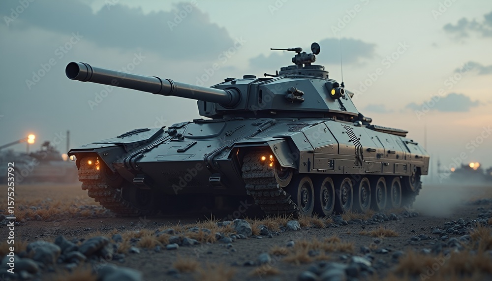 Fototapeta premium Futuristic Military Tank on Desert Landscape
