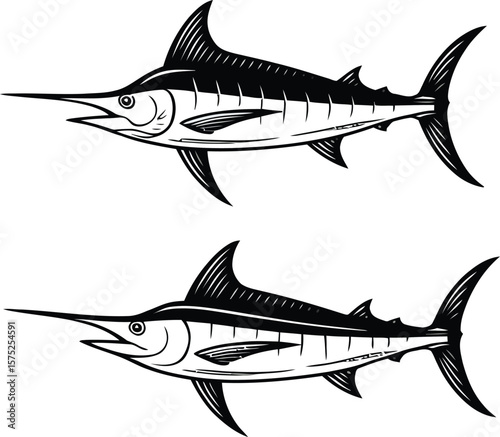 Two stylized black and white marlin fish swimming in opposite directions