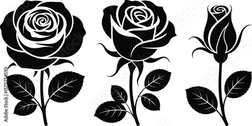 Three stylized black silhouette roses with leaves