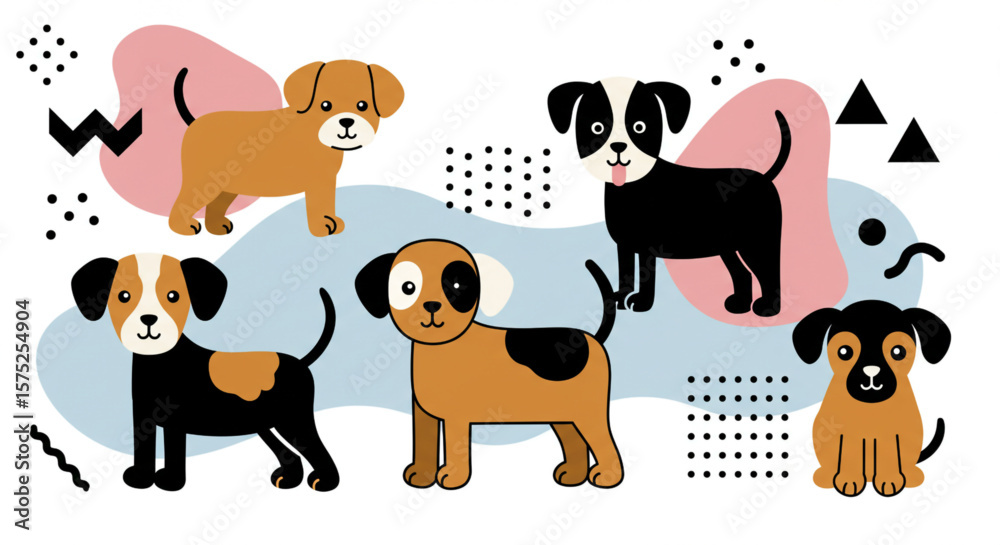 Obraz premium Five adorable cartoon puppies, various breeds, standing against a playful geometric background.