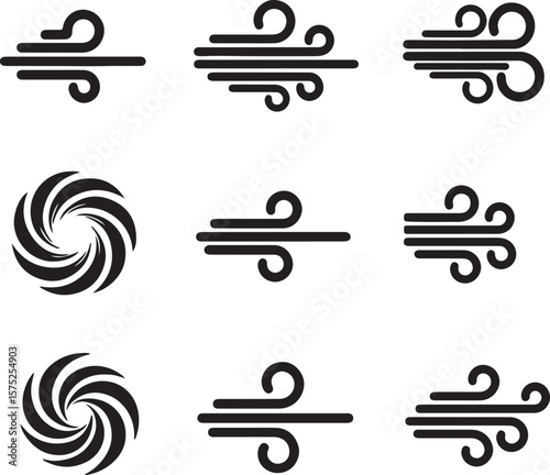 Collection of stylized wind and cyclone symbols in black and white