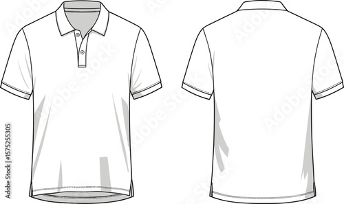Blank white polo shirt front and back vector, technical fashion drawing template for clothing mockup, editable outline for design use