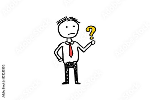 Confused businessman holding question mark.  Doodle style illustration.