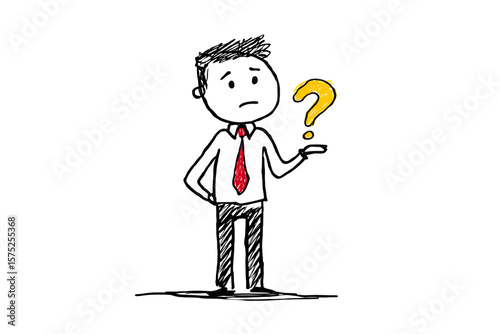 Doodle illustration of a businessman holding a question mark.