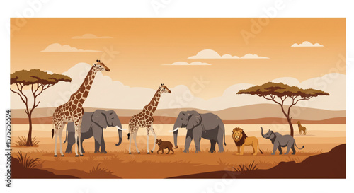 African savanna wildlife scene featuring giraffes, elephants, and a lion peacefully coexisting under a warm, hazy sun.