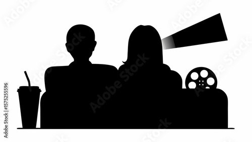 Silhouette of couple watching a movie with drink and film reel in a dark movie theater scene