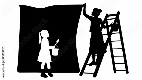 Silhouette of a woman on a ladder and a girl with a bucket painting a large canvas in black and white