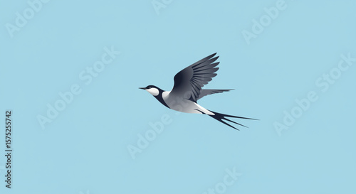 A Swallow-tailed Kite soars through a clear blue sky, wings outstretched, its distinctive tail feathers trailing behind.