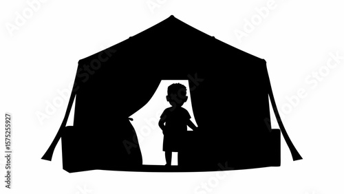 Silhouette of a child standing in the entrance of a tent with the tent flaps partially open outside