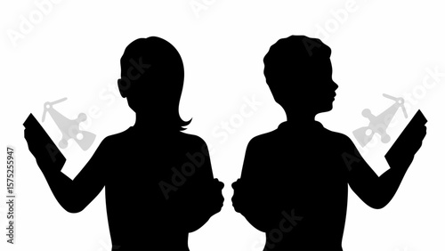 Silhouettes of a girl and boy holding tablets displaying a drone on screen with a white background