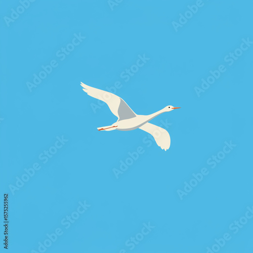 A graceful white swan soars through a bright, cloudless, azure sky.