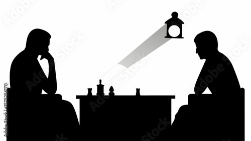 Silhouette of two people playing chess under a light fixture casting a beam on the chessboard and pieces