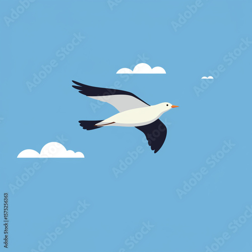 A stylized illustration of a seagull soaring through a clear blue sky with fluffy white clouds.