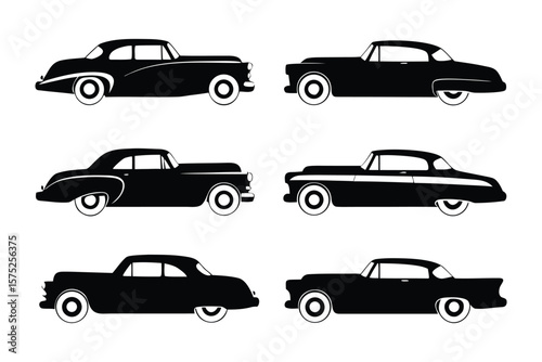 Vintage Car Collection in Silhouette: A curated selection of classic cars, each depicted in striking silhouette, evokes a sense of nostalgia for an era of automotive elegance.