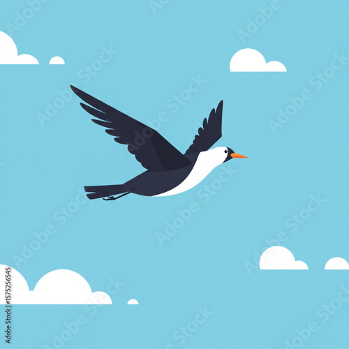 A stylized illustration of a bird with dark wings flying against a blue sky with fluffy white clouds.