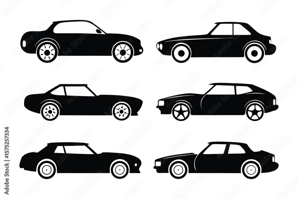 Fototapeta premium Black Automobile Collection: Six sleek black automobiles in various styles, evoking speed, power, and classic design. Perfect for automotive and design projects.