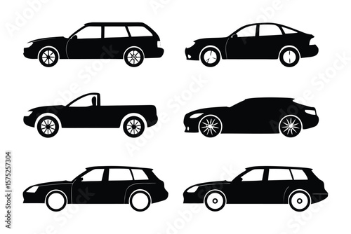 Automotive Silhouette Collection: A clean, graphic representation of diverse car models, each a sleek silhouette in a minimalist display of automotive design.