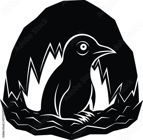 A penguin sits comfortably in its nest surrounded by jagged ice formations silhouette