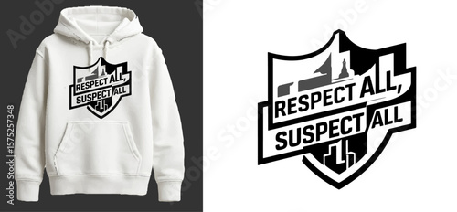 Respect All Suspect All Hoodie Design – Bold Shield Typography Graphic with Mockup Display.