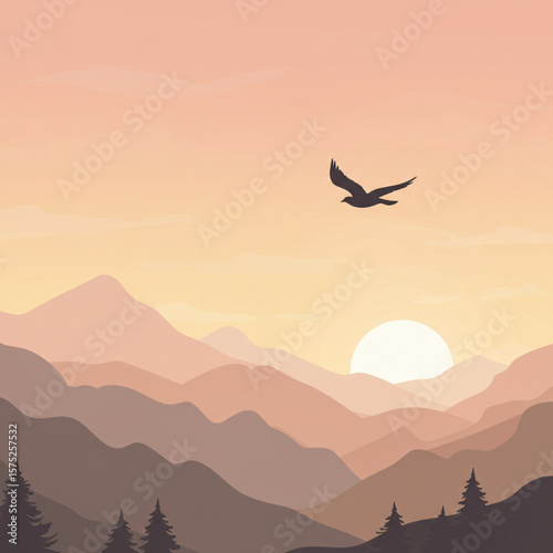 Bird soars over a layered mountain range at sunset, with pine trees in the foreground.