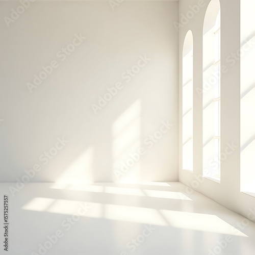 Serene Minimalist Space  Sunlight streams through elegant arched windows  illuminating a pristine  expansive interior with a play of light and shadow.