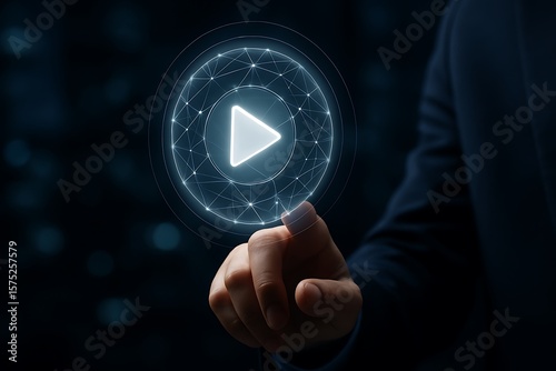 Person touching glowing play button hand finger