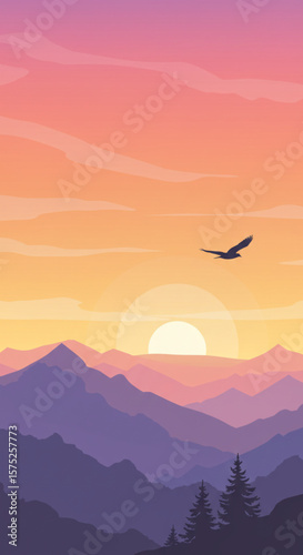 Majestic sunset over layered mountains, a lone eagle soars in the vibrant sky.