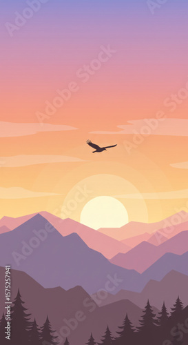 An eagle soars over a mountain range at sunset, with trees in the foreground.