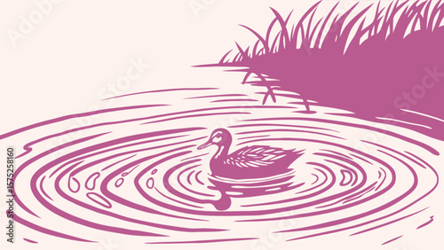 Illustration of a duck swimming in a pond with ripples and reeds for nature and wildlife enthusiasts