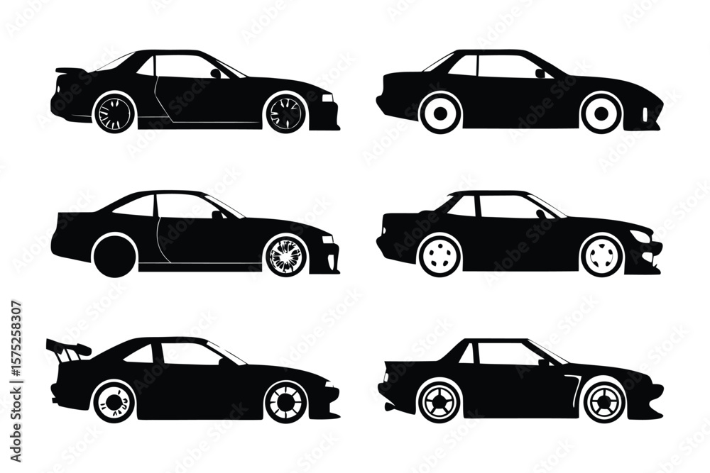 Fototapeta premium Silhouettes of Sport Cars: An artistic depiction of modern sports cars with diverse designs. Perfect for any automotive-related project.