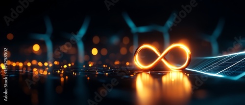 Illuminated infinity symbol with wind turbines and city lights backdrop.